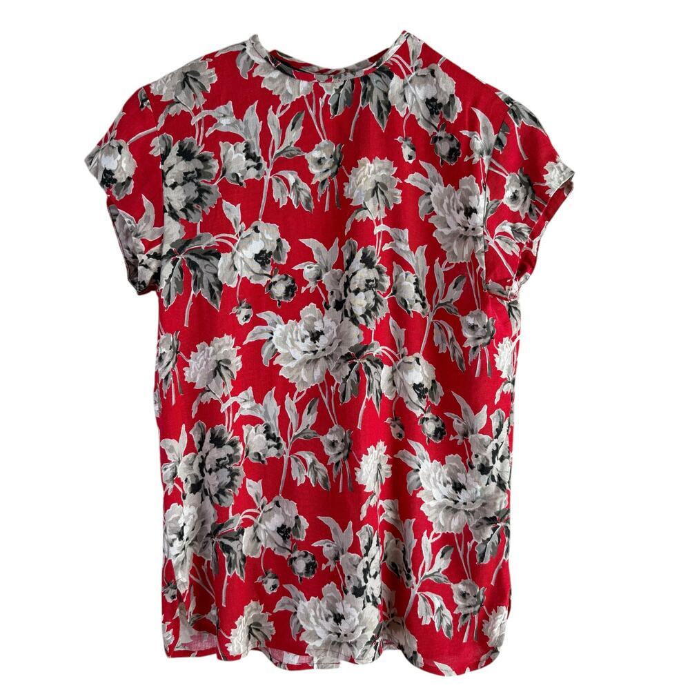 Vintage 80s Attaché Herman Geist Linen Red Floral Blouse Button Back Crewneck, 8